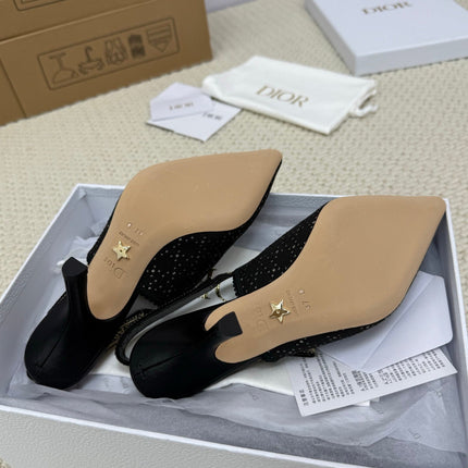 DIOR HIGH SLINGBACK 100 MM 25S IN BLACK FABRIC AND BRAND NAME EMBROIDERY