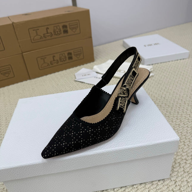 DIOR HIGH SLINGBACK 65 MM 25S IN BLACK FABRIC AND BRAND NAME EMBROIDERY