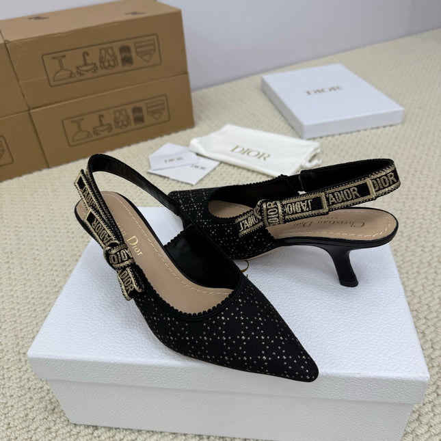 DIOR HIGH SLINGBACK 65 MM 25S IN BLACK FABRIC AND BRAND NAME EMBROIDERY