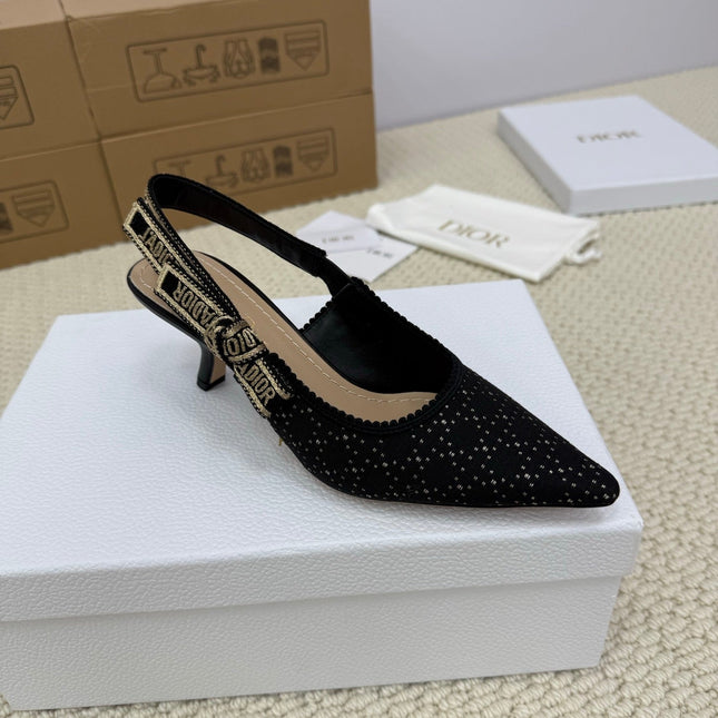 DIOR HIGH SLINGBACK 65 MM 25S IN BLACK FABRIC AND BRAND NAME EMBROIDERY