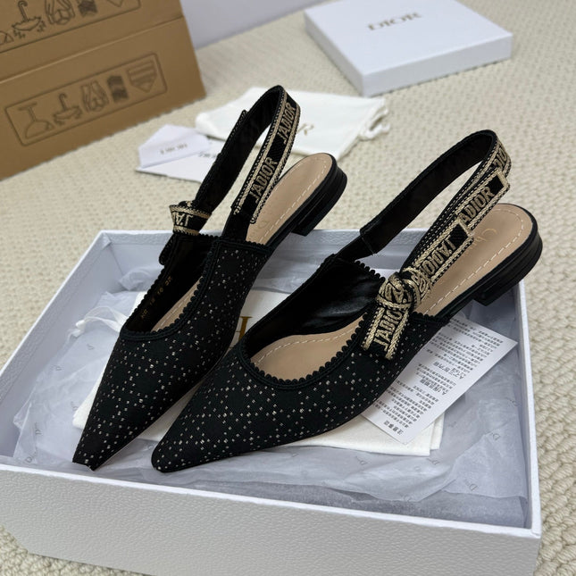 DIOR FLAT SLINGBACK 25S IN BLACK FABRIC AND BRAND NAME EMBROIDERY