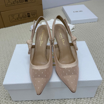 DIOR HIGH SLINGBACK 100 MM 25S IN NUDE LACE NET FABRIC AND SUEDE