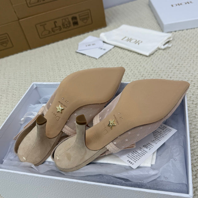 DIOR HIGH SLINGBACK 100 MM 25S IN NUDE LACE NET FABRIC AND SUEDE