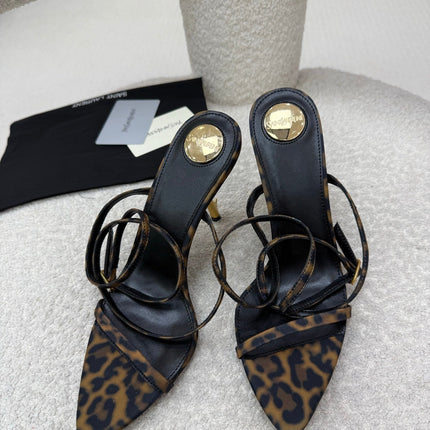 YSL 25S STRAPPY HIGH-HEEL SANDALS 95 MM IN LEOPARD PRINT LAMBSKIN