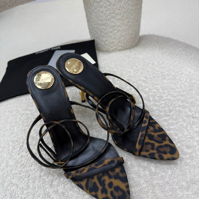 YSL 25S STRAPPY HIGH-HEEL SANDALS 95 MM IN LEOPARD PRINT LAMBSKIN