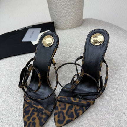 YSL 25S STRAPPY HIGH-HEEL SANDALS 95 MM IN LEOPARD PRINT LAMBSKIN