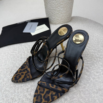 YSL 25S STRAPPY HIGH-HEEL SANDALS 95 MM IN LEOPARD PRINT LAMBSKIN