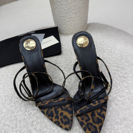 YSL 25S STRAPPY HIGH-HEEL SANDALS 95 MM IN LEOPARD PRINT LAMBSKIN