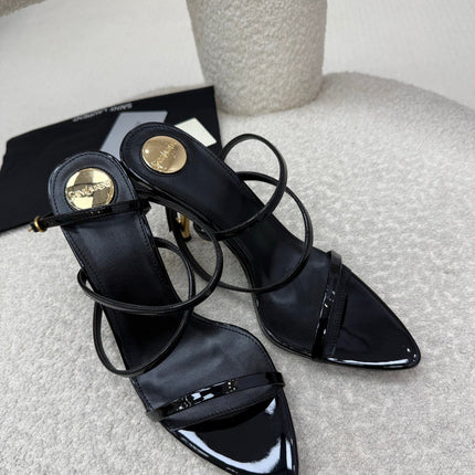 YSL 25S STRAPPY HIGH-HEEL SANDALS 95 MM IN BLACK SHINY LAMBSKIN