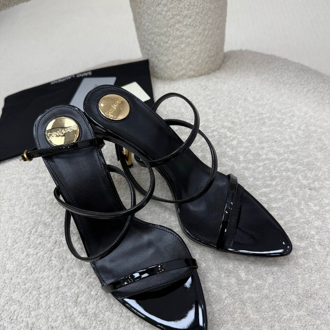 YSL 25S STRAPPY HIGH-HEEL SANDALS 95 MM IN BLACK SHINY LAMBSKIN