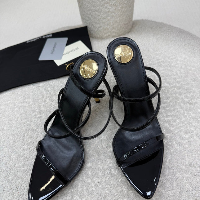 YSL 25S STRAPPY HIGH-HEEL SANDALS 95 MM IN BLACK SHINY LAMBSKIN