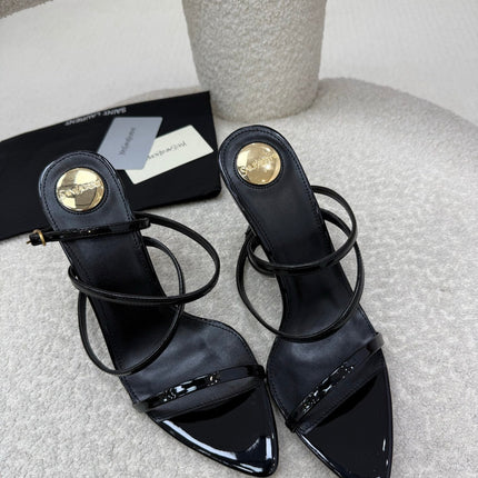 YSL 25S STRAPPY HIGH-HEEL SANDALS 95 MM IN BLACK SHINY LAMBSKIN