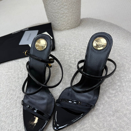 YSL 25S STRAPPY HIGH-HEEL SANDALS 95 MM IN BLACK SHINY LAMBSKIN