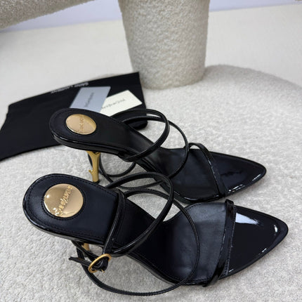 YSL 25S STRAPPY HIGH-HEEL SANDALS 95 MM IN BLACK SHINY LAMBSKIN