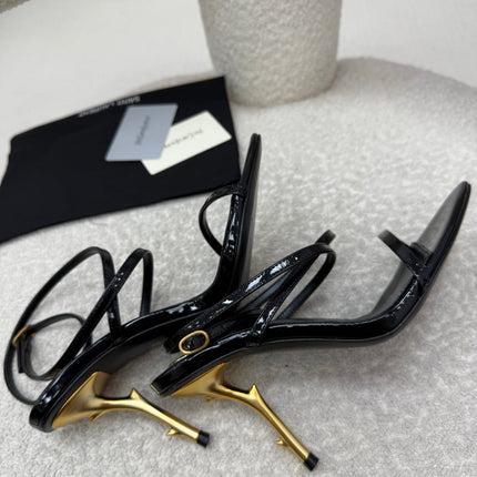 YSL 25S STRAPPY HIGH-HEEL SANDALS 95 MM IN BLACK SHINY LAMBSKIN
