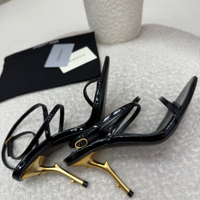 YSL 25S STRAPPY HIGH-HEEL SANDALS 95 MM IN BLACK SHINY LAMBSKIN