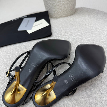 YSL 25S STRAPPY HIGH-HEEL SANDALS 95 MM IN BLACK SHINY LAMBSKIN