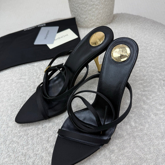 YSL 25S STRAPPY HIGH-HEEL SANDALS 95 MM IN BLACK LAMBSKIN