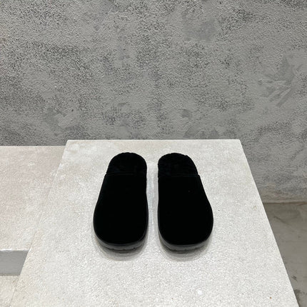 SNAP SLIPPER IN BLACK SUEDE AND SHEARLING LINING