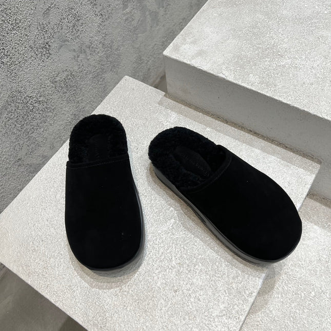 SNAP SLIPPER IN BLACK SUEDE AND SHEARLING LINING