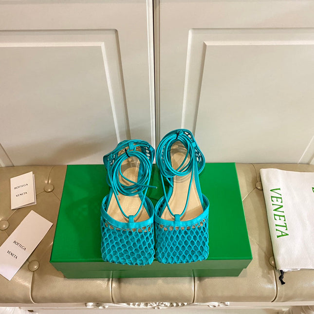 STRETCH LACE-UP FLAT SANDAL IN CERULEAN BLUE METALLIZED MESH AND LEATHER