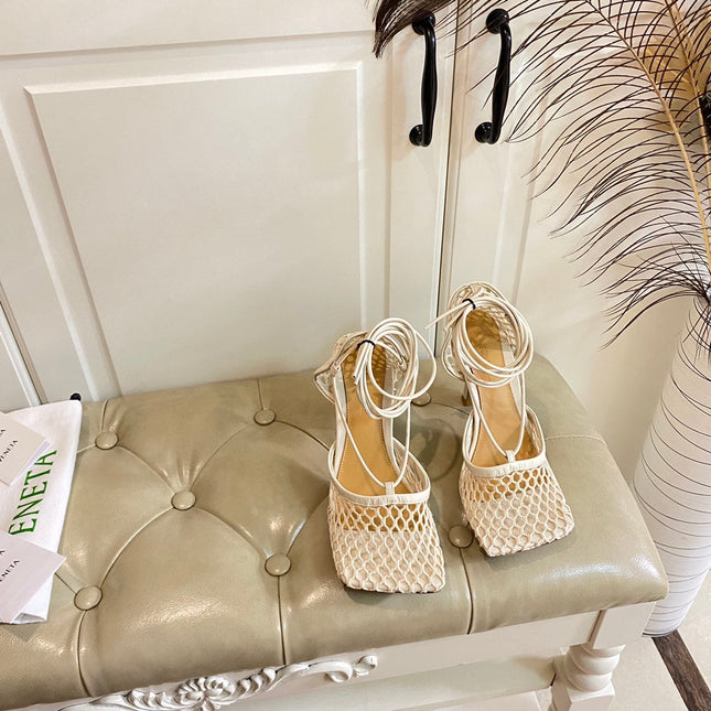 STRETCH LACE-UP HIGH HEELS IN WHITE CREAM METALLIZED MESH AND LEATHER