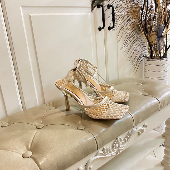 STRETCH LACE-UP HIGH HEELS IN WHITE CREAM METALLIZED MESH AND LEATHER