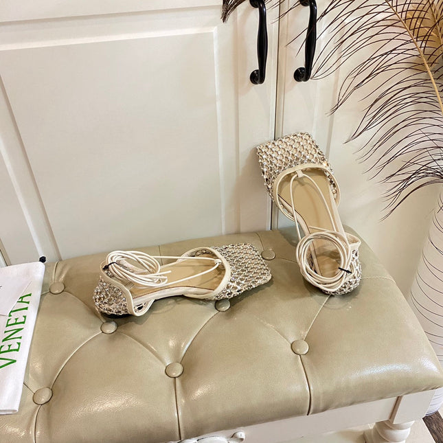 LACE-UP FLAT SANDAL IN WHITE CREAM METALLIZED MESH AND LEATHER WITH RHINSTONES