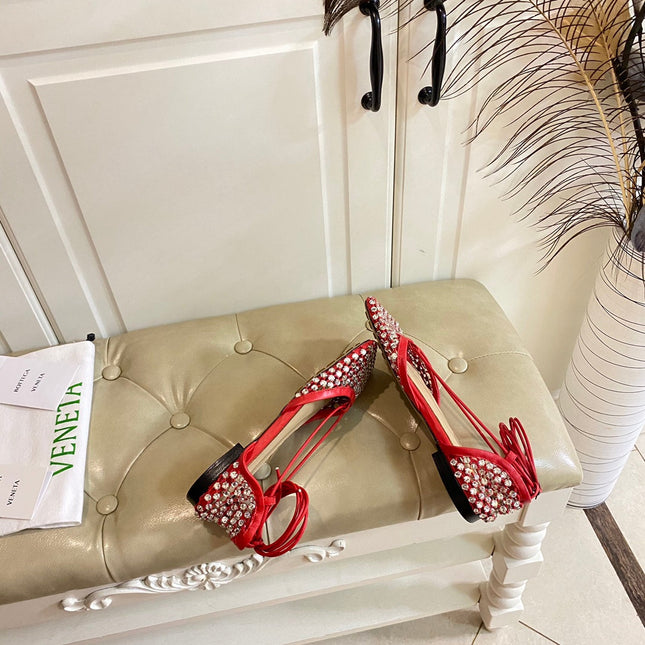 LACE-UP FLAT SANDAL IN RUBY RED METALLIZED MESH AND LEATHER WITH RHINSTONES