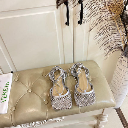 LACE-UP FLAT SANDAL IN SILVER METALLIZED MESH AND LEATHER WITH RHINSTONES