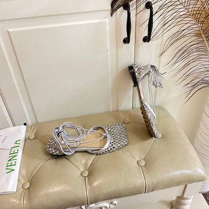 LACE-UP FLAT SANDAL IN SILVER METALLIZED MESH AND LEATHER WITH RHINSTONES