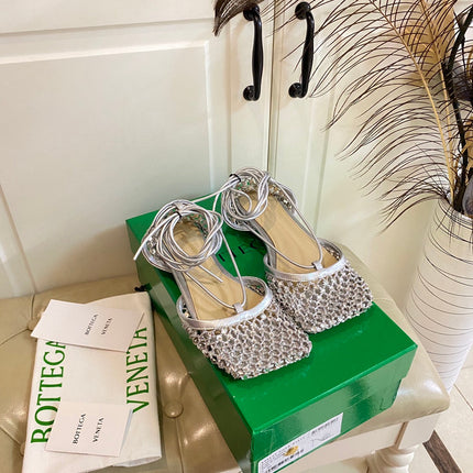 LACE-UP FLAT SANDAL IN SILVER METALLIZED MESH AND LEATHER WITH RHINSTONES