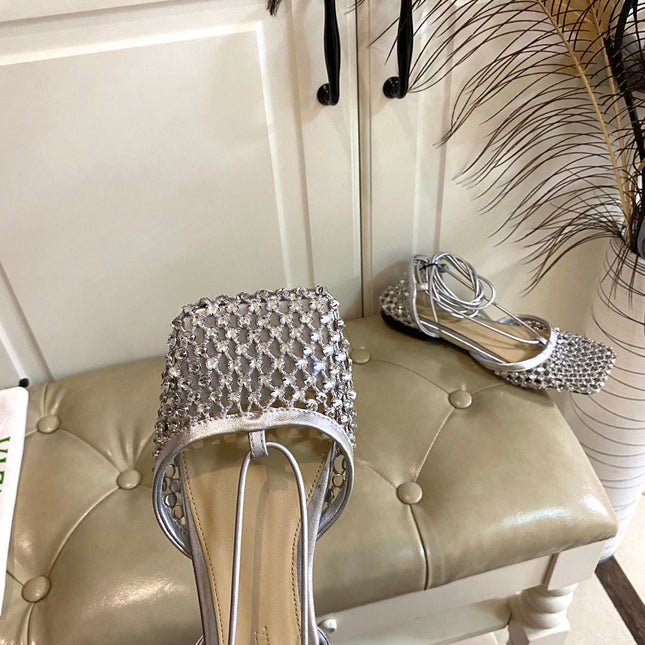 LACE-UP FLAT SANDAL IN SILVER METALLIZED MESH AND LEATHER WITH RHINSTONES
