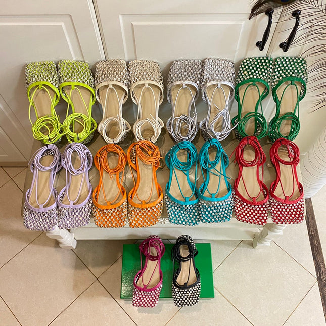 LACE-UP FLAT SANDAL IN SILVER METALLIZED MESH AND LEATHER WITH RHINSTONES