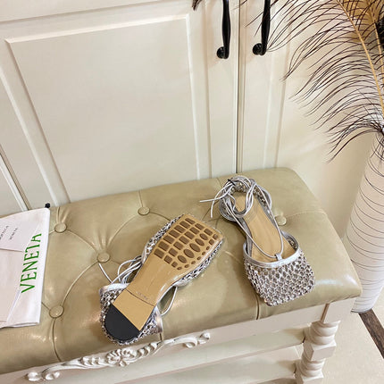 LACE-UP FLAT SANDAL IN SILVER METALLIZED MESH AND LEATHER WITH RHINSTONES