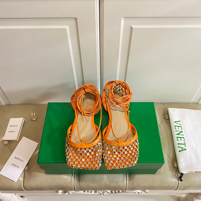 LACE-UP FLAT SANDAL IN VIVID ORANGE METALLIZED MESH AND LEATHER WITH RHINSTONES
