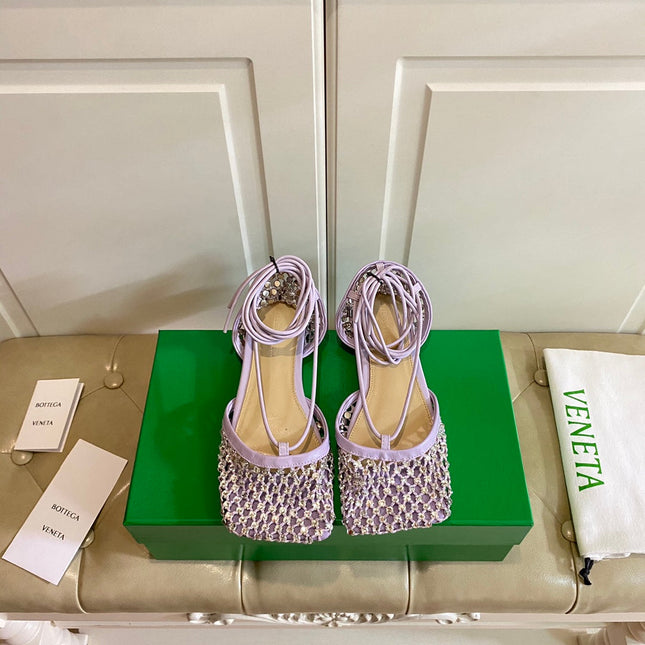 LACE-UP FLAT SANDAL IN LIGHT PURPLE METALLIZED MESH AND LEATHER WITH RHINSTONES
