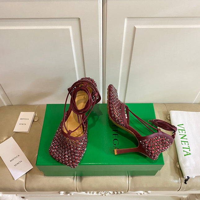 LACE-UP SANDAL IN SANGRIA RED METALLIZED MESH AND LEATHER WITH RHINSTONES 9 CM