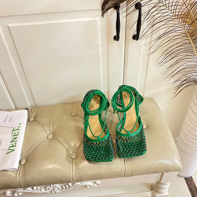 LACE-UP SANDAL IN COOL GREEN METALLIZED MESH AND LEATHER WITH RHINSTONES 9 CM
