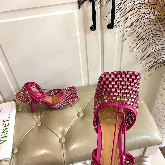 LACE-UP SANDAL IN PUNCH PINK METALLIZED MESH AND LEATHER WITH RHINSTONES 9 CM