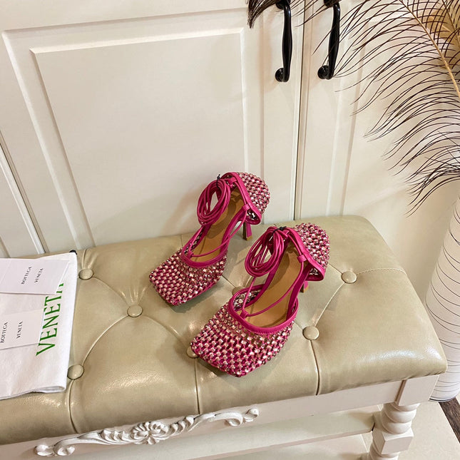 LACE-UP SANDAL IN PUNCH PINK METALLIZED MESH AND LEATHER WITH RHINSTONES 9 CM