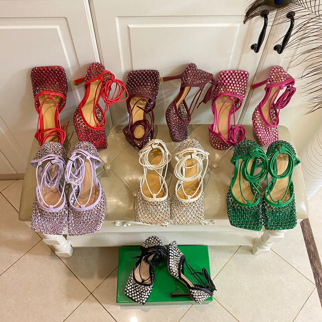 LACE-UP SANDAL IN LIGHT PURPLE METALLIZED MESH AND LEATHER WITH RHINSTONES 9 CM