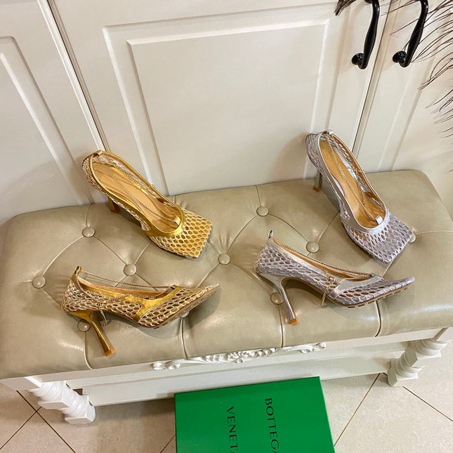 STRETCH LACE-UP SANDAL IN GOLD METALLIZED MESH AND LEATHER 9 CM