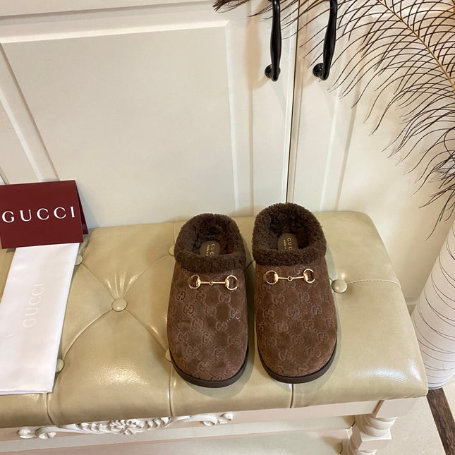 SHEARLING MULE IN DARK BROWN MONOGRAM SUEDE