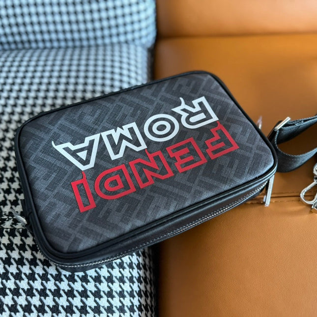 CLUTCH 22 WITH FF MOTIF IN DARK GRAY TEXTURED FABRIC AND BLACK LAMBSKIN TRIM