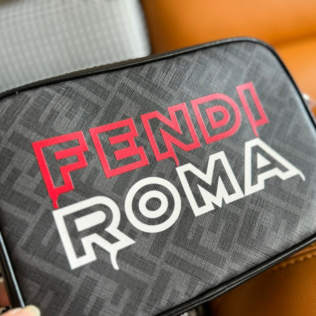 CLUTCH 22 WITH FF MOTIF IN DARK GRAY TEXTURED FABRIC AND BLACK LAMBSKIN TRIM