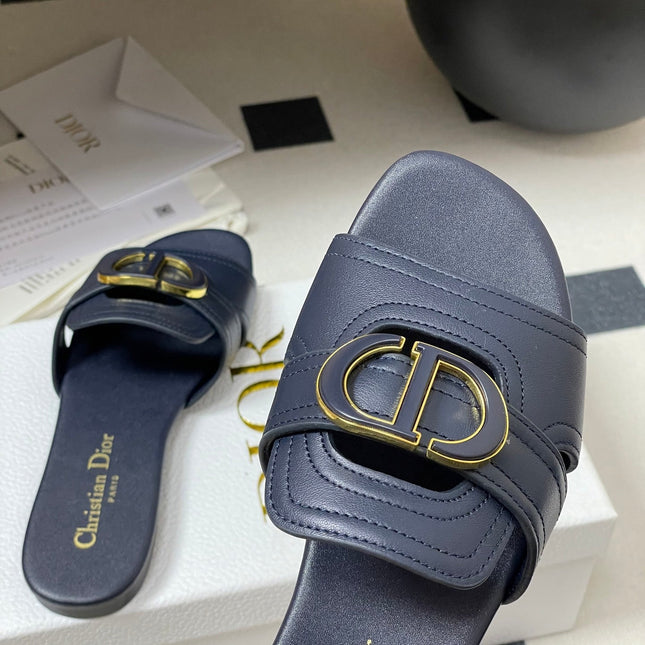 DIOR CLASSIC MONTAIGNE SANDALS 25S IN MIDNIGHT BLUE LAMBSKIN WITH CD LOGO