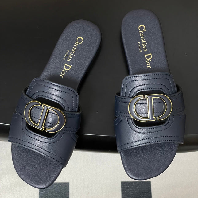 DIOR CLASSIC MONTAIGNE SANDALS 25S IN MIDNIGHT BLUE LAMBSKIN WITH CD LOGO