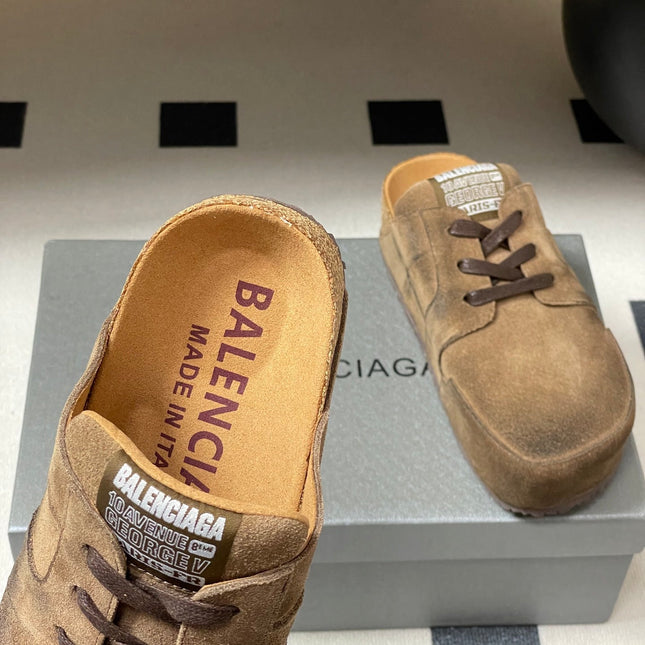 BALENCIAGA 25S MULES BIRKENSTOCK IN CARAMEL BROWN SUEDE