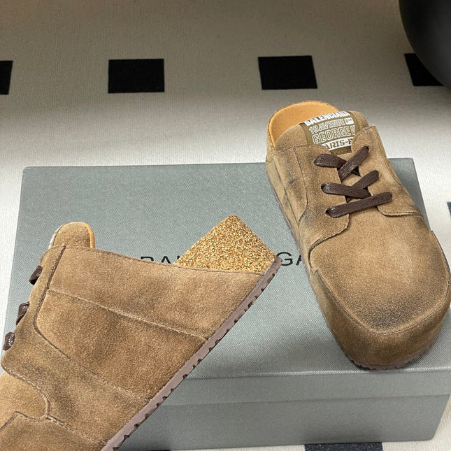 BALENCIAGA 25S MULES BIRKENSTOCK IN CARAMEL BROWN SUEDE